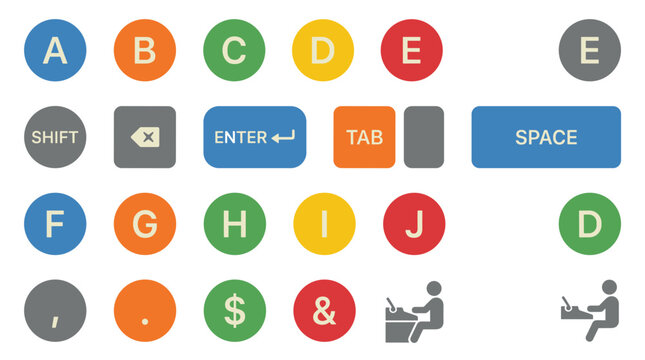 Keyboard layout illustration featuring alphabet keys, spacebar, enter, shift, and tab keys, along with symbols and a desk worker illustration