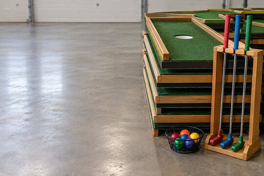 Mini golf putters and balls stored beside stacked portable course panels