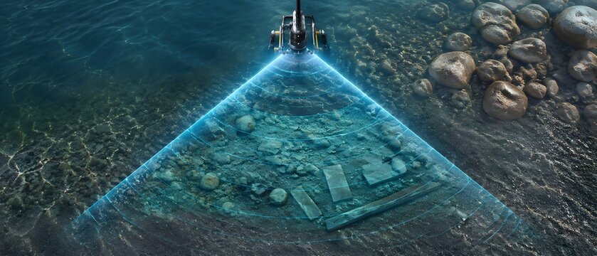 Sonar Scanning Beam Revealing Buried Stones and Unknown Objects Beneath Coastal Sediment in Clear Water