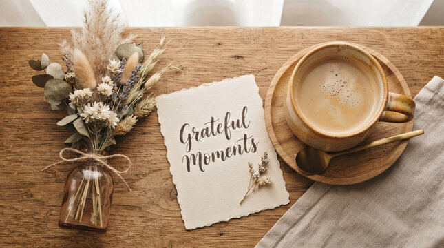 Grateful moments card, gratitude note, dried flower flatlay, ceramic mug, warm morning glow, rustic tabletop for mindful morning routine, quiet morning moment, aesthetic coffee flatlay