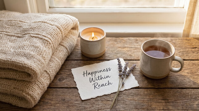 Folded wool blanket, lit candle, hot tea, and Happiness Within Reach note on wooden windowsill representing the concept of mental well-being for lifestyle blogs and wellness websites