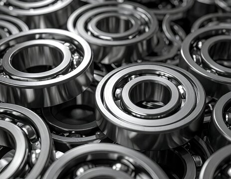 Multiple polished industrial steel ball bearings arranged in a close-up composition. Ideal for mechanical engineering, manufacturing, and heavy machinery concepts.
