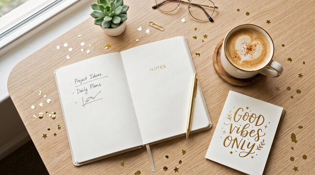 Open notebook flat lay with coffee cup latte art and good vibes card on wooden desk for morning routine planning, creative journaling space blogs, and daily planner setup websites