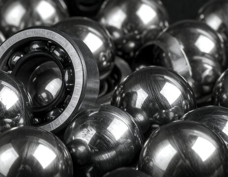 Close-up of polished industrial steel ball bearings and mechanical components. Ideal for manufacturing, engineering, and automotive technology concepts.