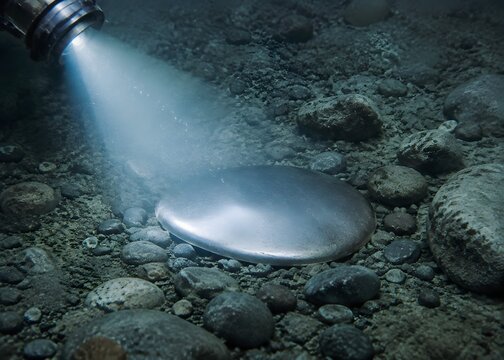 Underwater Detection Beam Highlighting Smooth Metallic Object Among Natural Seabed Stones with Controlled Contrast Lighting