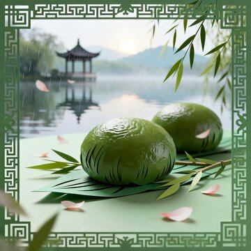 Glutinous Rice Dumplings by Misty Lake Pavilion in Rain