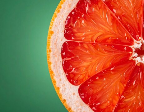 Macro close-up of a fresh pink grapefruit slice on a green background. Ideal for healthy eating and nutrition concepts.