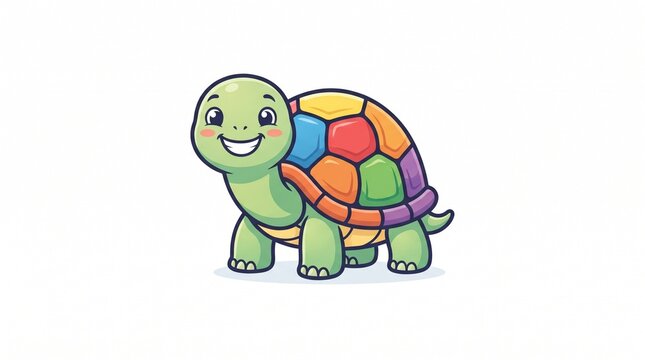 *Cute cartoon turtle with a green body and colorful rainbow shell. Smiling with rosy cheeks on a white background.*