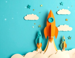 Fototapeta premium Multiple layered paper cut space rockets launching into a blue sky with clouds and stars. Ideal for startup growth, innovation, and children's education concepts.