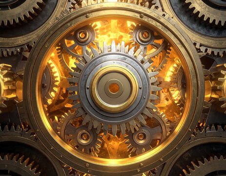 Multiple interlocking mechanical metal gears and cogs glowing with warm light. Ideal for engineering, teamwork, and innovation concepts.