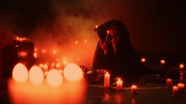 Halloween Witch casting a spell with candles during an exorcism ritual, scary sorceress in Halloween costume performing dark magic, spooky horror movie atmosphere.