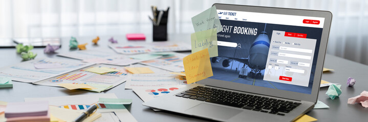 Sticky note for creative and analytic brainstorm for business idea with BI data dashboard on laptop...
