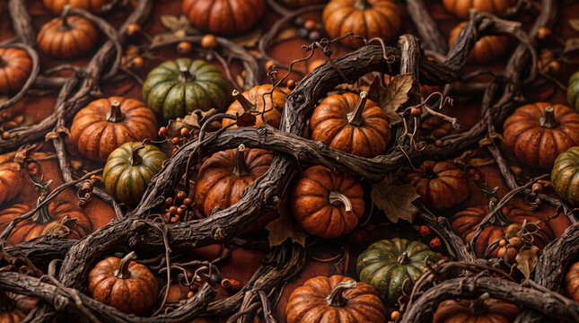Rustic autumn pumpkins tangled in dry wooden vines