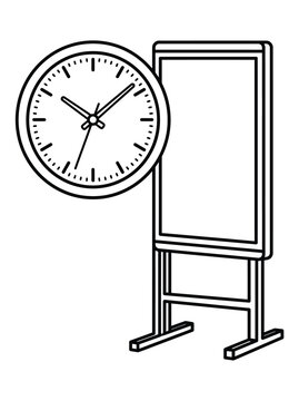 Line art illustration of a round wall clock and a blank vertical billboard stand