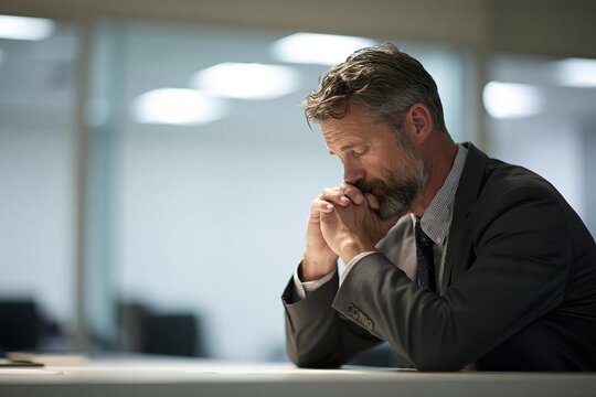 Middle aged businessman sitting at office desk with head in hands looking stressed