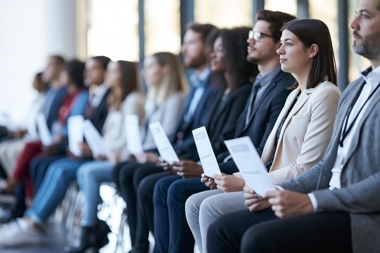 Group of diverse professionals sitting in an auditorium listening attentively and holding documents