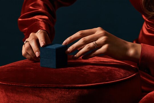 Woman opening dark blue velvet jewelry box on red velvet cushion with rings