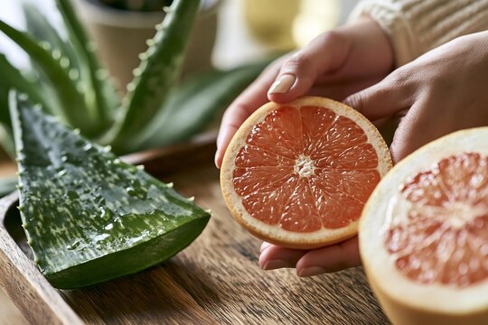 Woman holding fresh sliced pink grapefruit on wooden tray with aloe vera leaf