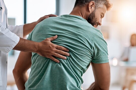 Chiropractor examining patient back with hands in clinic room