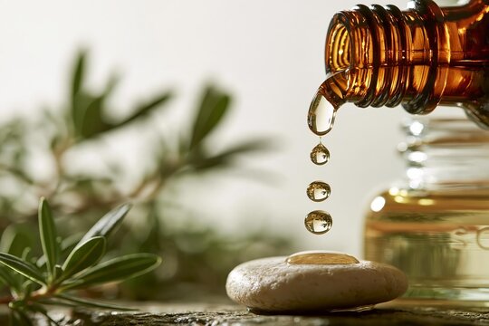 Essential oil drops falling from an amber glass bottle onto a smooth stone with natural plant leaves