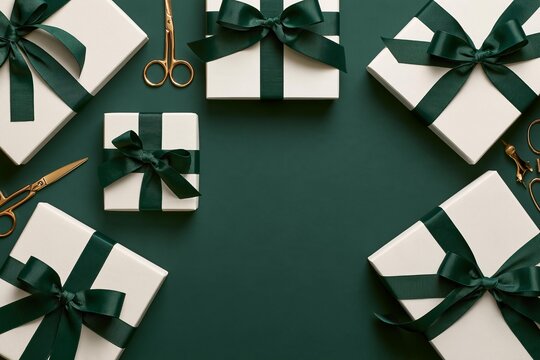 White gift boxes with dark green ribbons and gold scissors on a green tabletop
