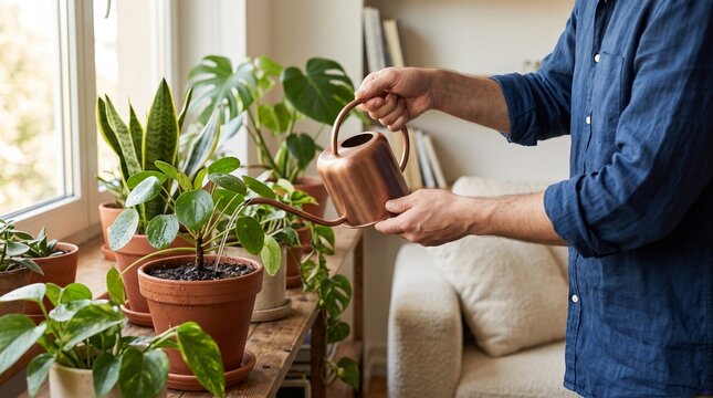 Man watering indoor houseplants with a copper watering can