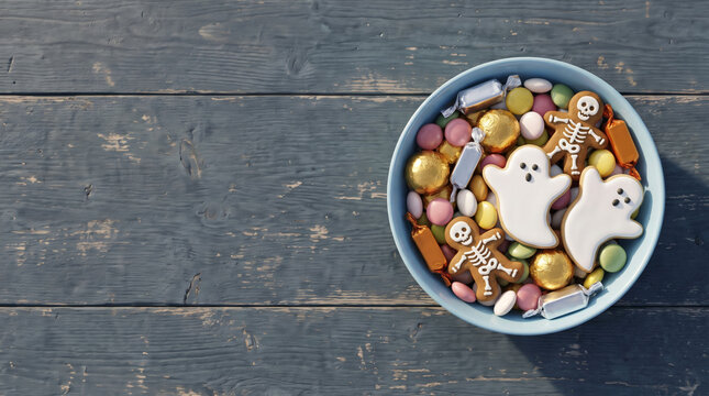 Halloween candy treat bowl with ghost cookie and skeleton sweets. Trick or treat ghost monster party. colourful sugar gummy dessert snack, happy fun gathering sharing