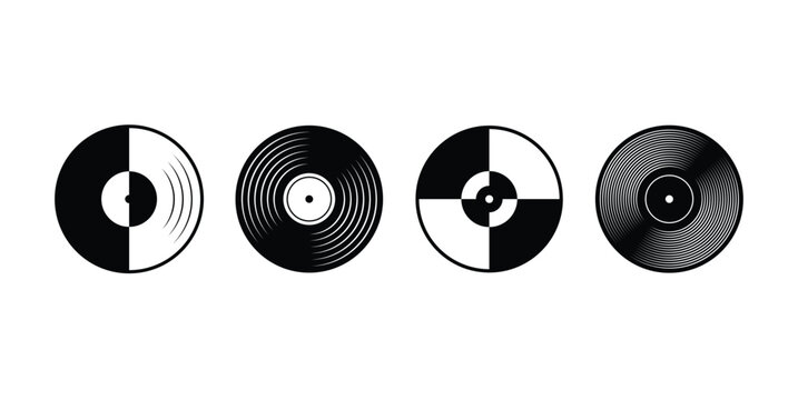 Stylized black and white vinyl record icons set