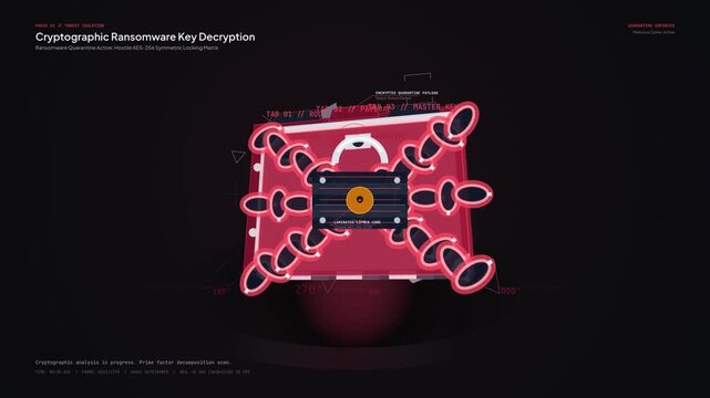 Cryptographic ransomware key decryption animation. Cyber security concept showing a digital padlock being unlocked by a decryption key. Data archive restoration and digital signature validation proce