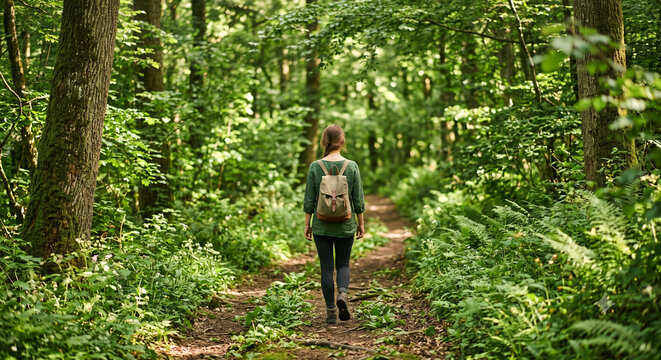Woman Walking Forest Path Connecting with Nature for Wellness