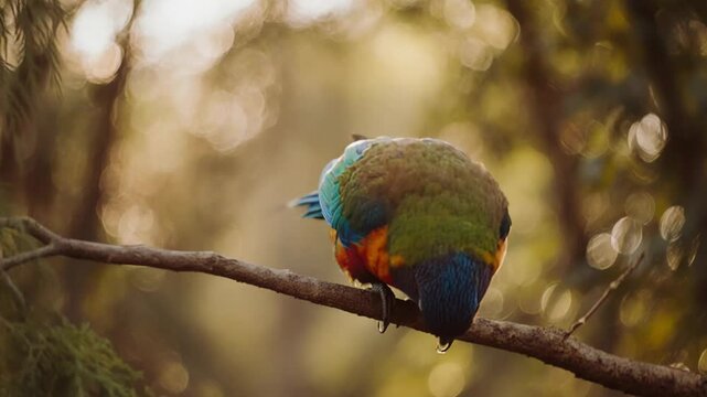 Rainbow Lorikeet Perching on a Tree Branch and Drinking Water in Golden Hour Light