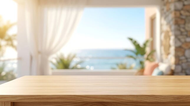 Empty wooden table with blurred tropical sea view balcony background for product placement and summer advertisement.