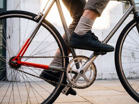 Close up of a cyclist riding a vintage fixed gear bicycle on a city street during golden hour