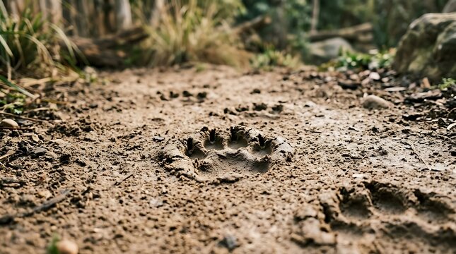 Close up view of fresh animal footprints and paw prints imprinted in the muddy ground of a wild forest landscape