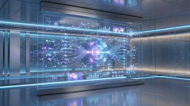 Advanced holographic data analytics visualization with glowing network nodes, predictive trends, statistical graphs and machine learning patterns in a futuristic corporate setting.