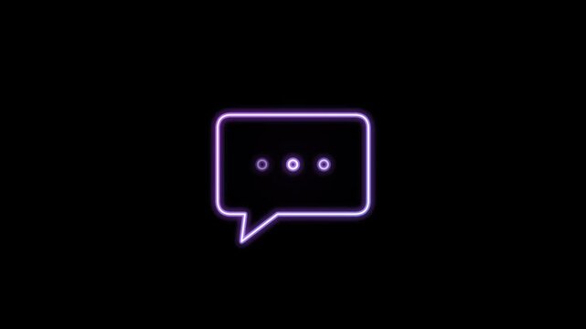 Static neon purple speech bubble icon with three dots on black background