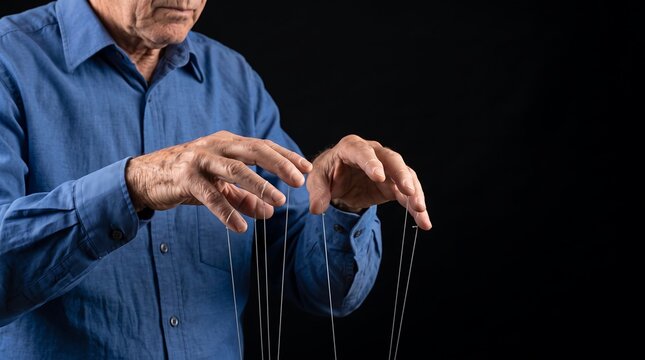 Senior businessman hands pulling strings like puppeteer in dark