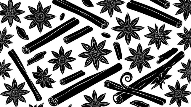 Black and white hand drawn cinnamon and star anise spice pattern