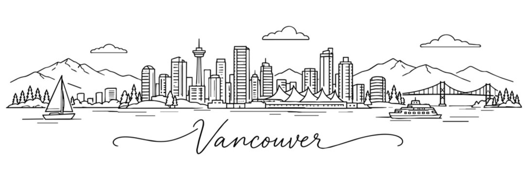Vancouver skyline line art with mountains, sailboat and ferry