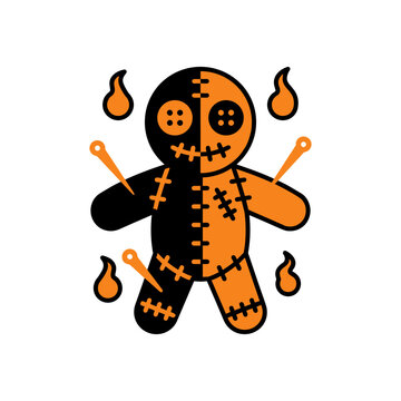 Halloween voodoo doll vector illustration with pins and stitches