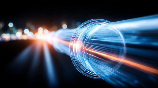 Light streams pass through a transparent digital conduit representing high speed data transmission and network connectivity.
