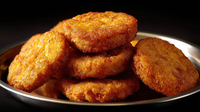 A close-up shot of golden hash browns stacked on a plate. These fried potato patties have a crispy texture and are a popular breakfast item