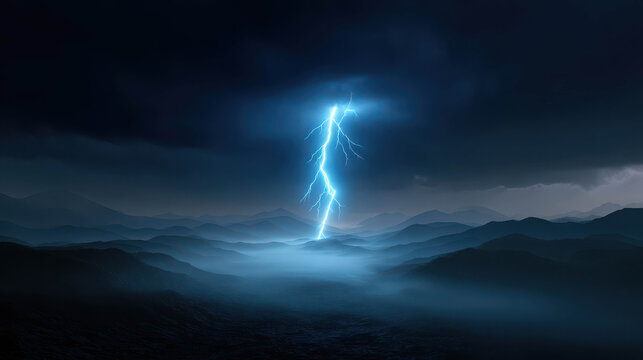 A powerful lightning strike illuminates the dark, stormy sky above a misty mountain landscape. The electric discharge is bright blue and stark against the ominous clouds.