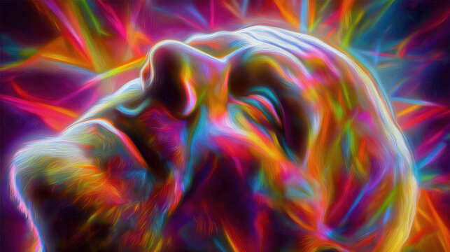 A close-up of a person's head bathed in vibrant, swirling psychedelic colors, suggesting an intense mental or emotional experience