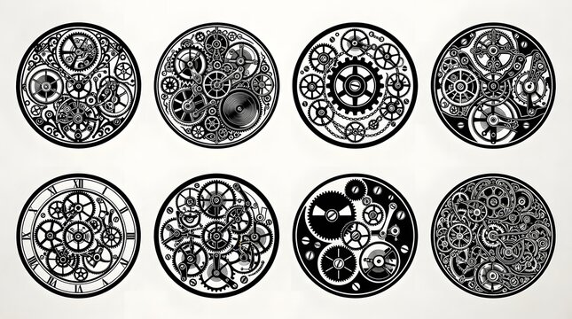 Intricate vintage steampunk clockwork gears and mechanical designs in circular patterns