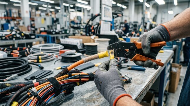 Gloved hands connecting a high voltage harness with insulated crimping tool beside bundled cable looms in an industrial workspace.