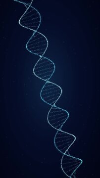Glowing azure DNA double helix rotates counterclockwise against a dark blue background