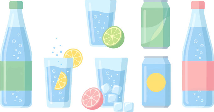 Colorful Beverage Bottles and Glasses with Limes Lemons and Ice