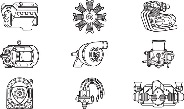 Automotive engine and mechanical component icons set featuring v-engines, rotary engines, and ignition systems