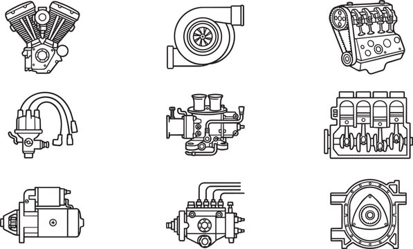 Automotive engine parts and mechanical components including v-twin engine, turbocharger, cylinder head, distributor, carburetor, and rotary engine
